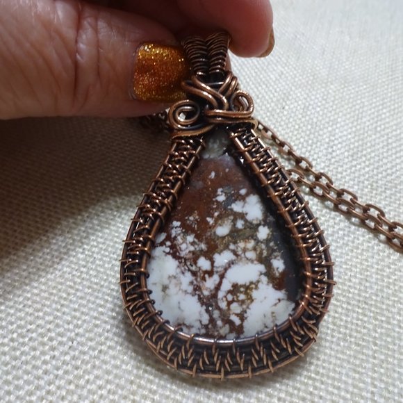 Rustic "WILD HORSE JASPER" Handmade COPPER WIRE-WRAPPED Pendant/Chain #736B - Picture 3 of 3
